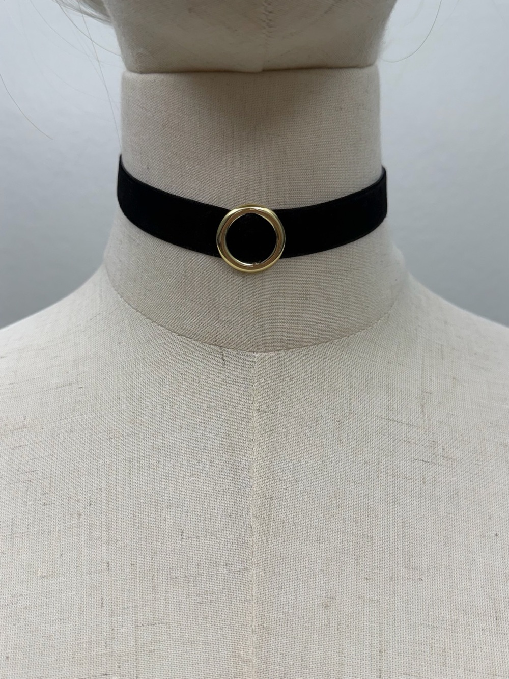 Black Velvet Choker Necklace Gold Circle Accent Adjustable